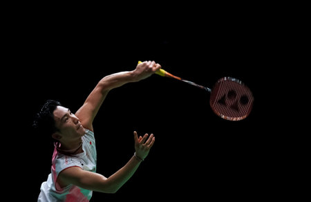 KUALA LUMPUR, MALAYSIA - JANUARY 12, 2020 : Kento Momota of Japan in action during men's singles badminton tournament, Perodua Malaysia Masters 2020 at the Axiata Arena.のeditorial素材