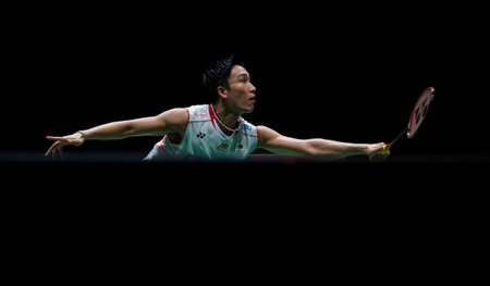 KUALA LUMPUR, MALAYSIA - JANUARY 12, 2020 : Kento Momota of Japan in action during men's singles badminton tournament, Perodua Malaysia Masters 2020 at the Axiata Arena.のeditorial素材