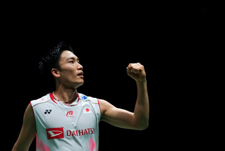 KUALA LUMPUR, MALAYSIA - JANUARY 12, 2020 : Kento Momota of Japan reacts after winning men's singles final badminton tournament, Perodua Malaysia Masters 2020 at the Axiata Arena.のeditorial素材