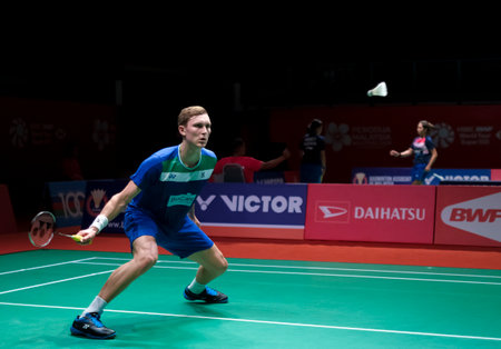KUALA LUMPUR, MALAYSIA - JANUARY 08, 2020 : Viktor Axelsen of Denmark in action during men's singles badminton tournament, Perodua Malaysia Masters 2020 at the Axiata Arena.のeditorial素材