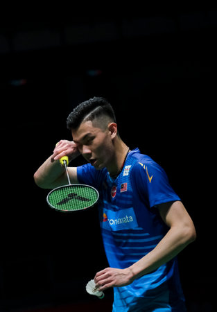 KUALA LUMPUR, MALAYSIA - JANUARY 09, 2020 : Lee Zii Jia of Malaysia in action during men's singles badminton tournament, Perodua Malaysia Masters 2020 at the Axiata Arena.のeditorial素材