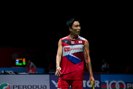 KUALA LUMPUR, MALAYSIA - JANUARY 09, 2020 : Kento Momota of Japan in action during men's singles badminton tournament, Perodua Malaysia Masters 2020 at the Axiata Arena.のeditorial素材