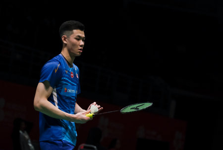 KUALA LUMPUR, MALAYSIA - JANUARY 09, 2020 : Lee Zii Jia of Malaysia in action during men's singles badminton tournament, Perodua Malaysia Masters 2020 at the Axiata Arena.のeditorial素材