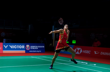 KUALA LUMPUR, MALAYSIA - JANUARY 09, 2020 : Carolina Marin of Spain in action during women's singles badminton tournament, Perodua Malaysia Masters 2020 at the Axiata Arena.のeditorial素材