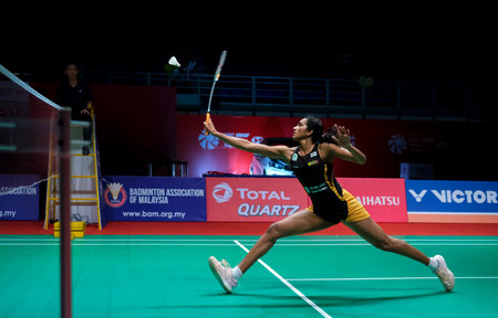 KUALA LUMPUR, MALAYSIA - JANUARY 09, 2020 : Pusarla V. Sindhu of India in action during women's singles badminton tournament, Perodua Malaysia Masters 2020 at the Axiata Arena.のeditorial素材
