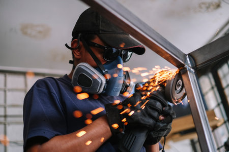 KUALA LUMPUR, MALAYSIA - MARCH 23, 2021: Worker wearing protection mask grinding welded metal and polishing steel with sparks in workshop. Metalwork manufacturing and construction by skill labor.のeditorial素材