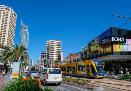 GOLD COAST, AUSTRALIA - APRIL 16, 2018: A Tram at Surfers Paradise. G:link, also known as the Gold Coast Light Rail, is a light rail system serving the Gold Coast in Queensland, Australia.のeditorial素材