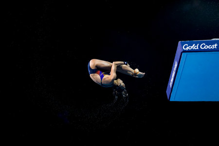 GOLD COAST, AUSTRALIA - APRIL 12, 2018: Pandelela Rinong Pamg of Malaysia competes in the Women's 10m Platform Diving Final of the Gold Coast 2018 Commonwealth Games at Gold Coast Aquatic Centre.のeditorial素材