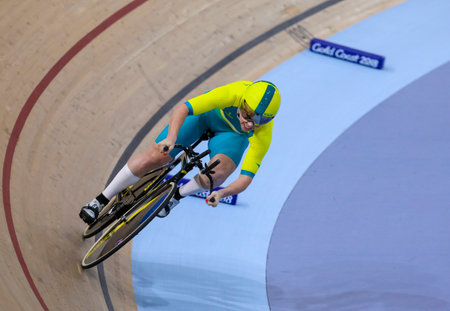 BRISBANE, AUSTRALIA - APRIL 07, 2018: Kaarle McCulloch of Australia competes in the Women's 500m Time Trial during track cycling Gold Coast 2018 Commonwealth Games at Anna Meares Velodrome.のeditorial素材