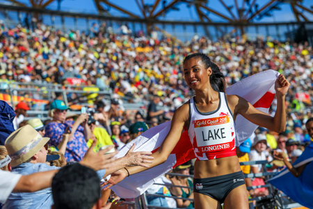GOLD COAST, AUSTRALIA - APRIL 14: Morgan Lake of England celebrates after winning WomenÂs High Jump Final during athletics of the Gold Coast 2018 Commonwealth Games at Carrara Stadium.のeditorial素材