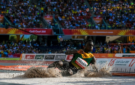 GOLD COAST, AUSTRALIA - APRIL 14: Clive Pullen of Jamaica competes in the Men's Triple Jump final during athletics of the Gold Coast 2018 Commonwealth Games at Carrara Stadium.のeditorial素材