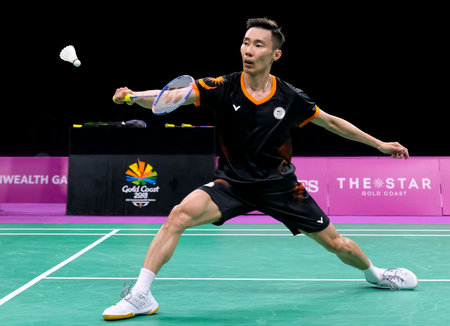 GOLD COAST, AUSTRALIA - APRIL 09, 2018: Lee Chong Wei of Malaysia competes in the Badminton Mixed Team match of the Gold Coast 2018 Commonwealth Games at Carrara Sports and Leisure Centre.のeditorial素材