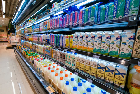 KUALA LUMPUR, MALAYSIA - FEBRUARY 05, 2022: Variety of milk and dairy products in bottles and box paper cartons on the shelves in a grocery store supermarket. Source of protein and calcium.のeditorial素材