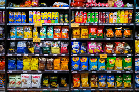 KUALA LUMPUR, MALAYSIA - FEBRUARY 05, 2022: Various brands of local and imported potato chips and snacks on the shelf in a grocery store.のeditorial素材