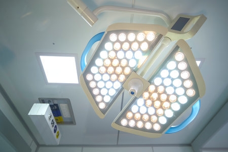 Medical light equipment and devices in the operating room of a hospital emergency room.の写真素材