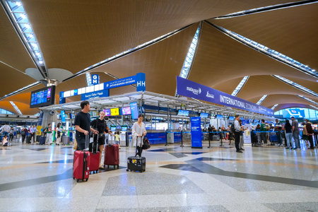 KUALA LUMPUR, MALAYSIA - APRIL 28, 2023: Departure Hall of Terminal 1 Kuala Lumpur International Airport (KLIA). KLIA allows seamless connectivity for local and international service carriers.のeditorial素材