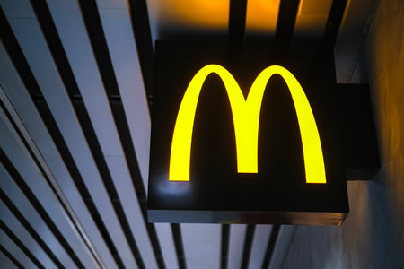 KUALA LUMPUR, MALAYSIA - APRIL 28, 2023: Logo of McDonald's Restaurant in Kuala Lumpur. A Multinational fast food chain, foodservice retailer.のeditorial素材