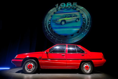 KUALA LUMPUR, MALAYSIA - MAY 07, 2023: Proton Saga is the first Malaysian national car produced and officially launched in 1985 by the Malaysian automobile manufacturer, Proton.のeditorial素材
