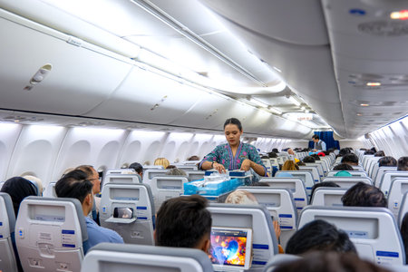 KUALA LUMPUR, MALAYSIA - SEPTEMBER 17, 2023: Malaysia Airlines attendant serve food and drinks to passengers on board. Malaysia Airlines is proud to carry the flag as Malaysia's national carrier.のeditorial素材