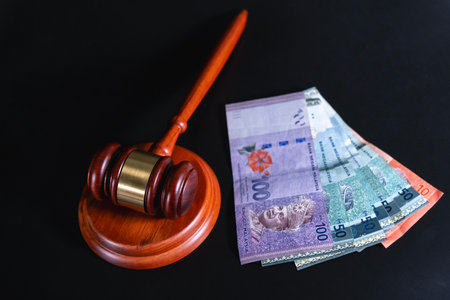 Gavel or mallet of the judge with money. A wooden hammer is used by judges in the court. Law, justice, corruption & crime concept.の写真素材