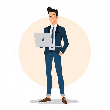 Flat vector illustration of confident young businessman in elegant suit standing with laptop, modern...