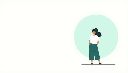 Minimal flat vector illustration of a young woman standing calmly, representing simplicity, confidence and modern lifestyle design with soft colors, clean shapes and abstract.のイラスト素材