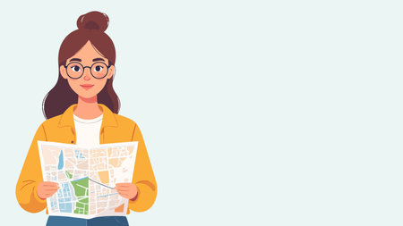 Vector illustration of a young woman with glasses and a yellow jacket holding a city map, smiling...