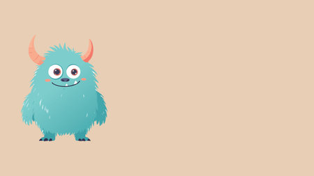 Cute fluffy teal monster with big round eyes, tiny fangs, and curved orange horns smiles happily on...