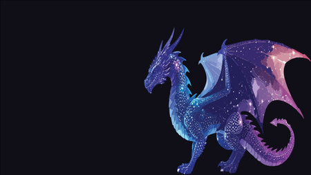 Vector dragon with starry galaxy texture, wings spread in purple and blue gradients, glowing...