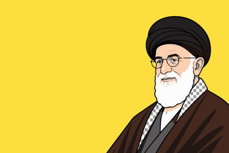 Vector illustration of Ali Khamenei wearing traditional clerical attire and glasses, featuring a...