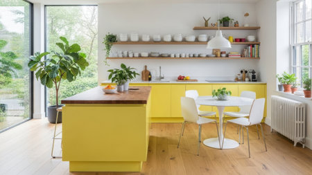 Bright kitchen with yellow island white chairs and wooden shelves with dishes and plantsの素材