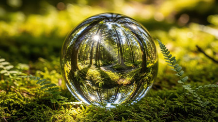 A reflective sphere sits on mossy ground in a lush forest settingの素材