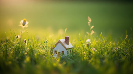 A small wooden house model sits in a vibrant green field with wildflowersの素材