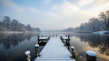 Serene winter scene with snowcovered dock extending into tranquil lakeの素材