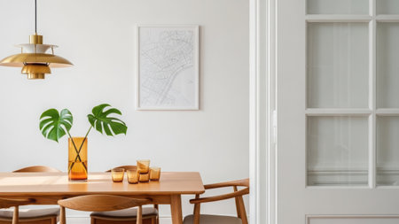 This image features a modern dining room setup isolated on a white background. The scene includes a wooden dining table with matching chairs, a stylish pendant lamp hanging above, a framed abstract artwork on the wall, and a potted plant on the table. The image is on a transparent background, making it suitable for various design applications.の素材
