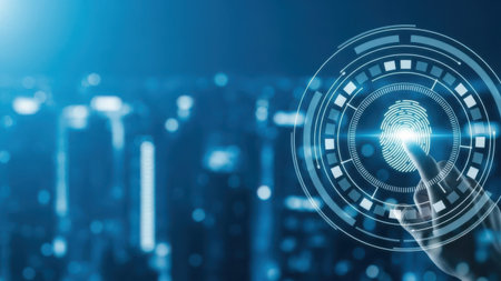 This image features a high-tech fingerprint scanner icon isolated on a white background. The image is on a transparent background, making it suitable for various design applications. The fingerprint scanner is depicted with a futuristic design, surrounded by a circular interface with digital elements.の素材