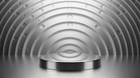3D rendering of a metallic pedestal with water droplet reflections isolated on a transparent backgroundの素材