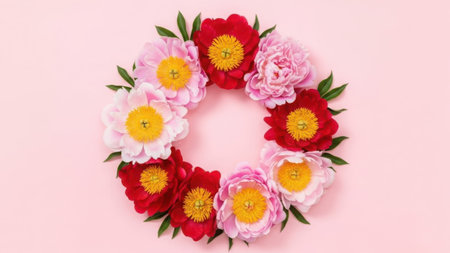 Handmade paper flower wreath with red pink and white flowers isolated on a transparent backgroundの素材