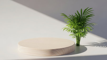 A small green plant sits on a wooden stand under natural lightの素材