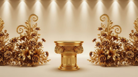 Three ornate golden decorative pieces with floral designs isolated on a white backgroundの素材