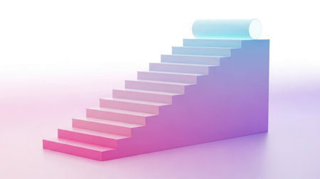 3D illustration of steps with gradient colors isolated on a transparent backgroundの素材