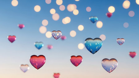 Multiple hearts in various colors floating on a transparent backgroundの素材