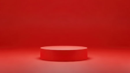 A single red cylinder stands on a matching red backgroundの素材