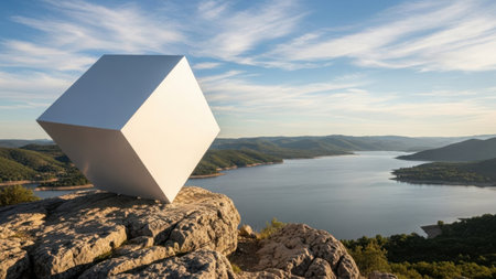 Large white geometric sculpture on rocky hill overlooking a serene lake and mountainsの素材