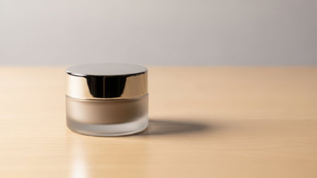 A sleek cosmetic jar with a metallic lid on a light wooden tableの素材