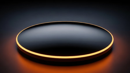 Sleek black plate with a golden rim isolated on a transparent backgroundの素材