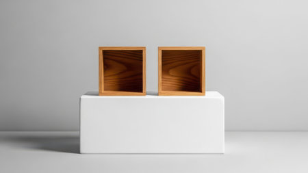 Two wooden square boxes on a white pedestal against a light backgroundの素材