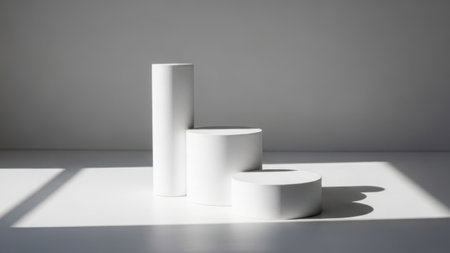 Three white geometric prisms casting shadows on a lightcolored floorの素材