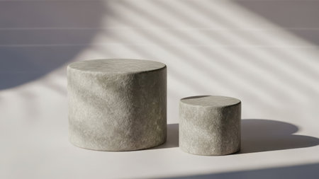Two concrete cylinders of different sizes on a light surfaceの素材
