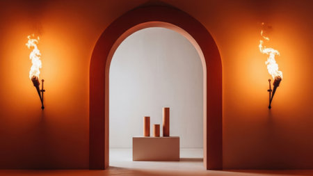 A minimalist room with an arched doorway and torch lights on either sideの素材